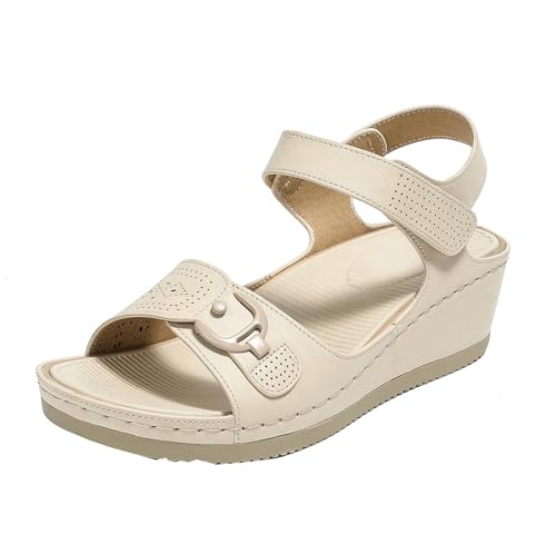 GTTGHJ6DHY Sommer Damen PU-Leder Freizeit Runder Kopf Atmungsaktiv Sandalen Anti-Rutsch Verschleißfest Strand Draußen Tragen Sandalen,Weiß,39 von GTTGHJ6DHY