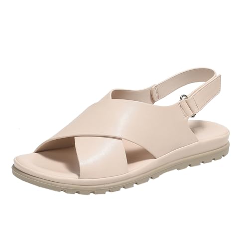 GTTGHJ6DHY Sommer Damen PU-Leder Freizeit Runder Kopf Kreuzgurt Wohnung Sandalen Anti-Rutsch Verschleißfest Strand Draußen Tragen Sandalen,Beige,36 von GTTGHJ6DHY