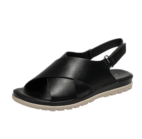 GTTGHJ6DHY Sommer Damen PU-Leder Freizeit Runder Kopf Kreuzgurt Wohnung Sandalen Anti-Rutsch Verschleißfest Strand Draußen Tragen Sandalen,Schwarz,38 von GTTGHJ6DHY