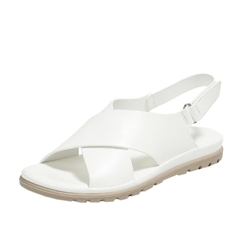 GTTGHJ6DHY Sommer Damen PU-Leder Freizeit Runder Kopf Kreuzgurt Wohnung Sandalen Anti-Rutsch Verschleißfest Strand Draußen Tragen Sandalen,Weiß,36 von GTTGHJ6DHY