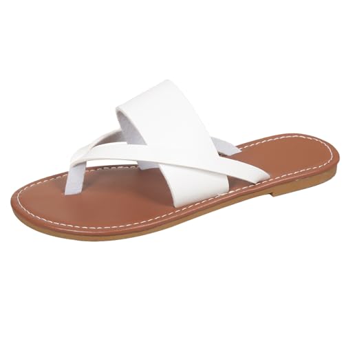 GTTGHJ6DHY Sommer Damen PU-Leder Freizeit Runder Kopf Zehen Kneifen Wohnung Flip-Flops Anti-Rutsch Verschleißfest Strand Draußen Tragen Hausschuhe,Weiß,39 von GTTGHJ6DHY