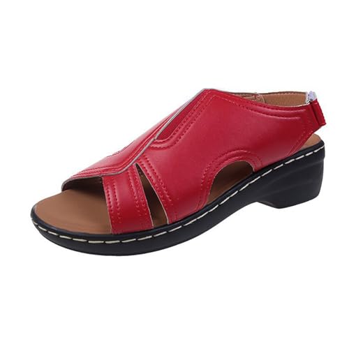 GTTGHJ6DHY Sommer Damen PU-Leder Freizeit Schnallengürtel Fischmaul Atmungsaktiv Sandalen Anti-Rutsch Verschleißfest Strand Draußen Tragen Sandalen,Rot,40 von GTTGHJ6DHY