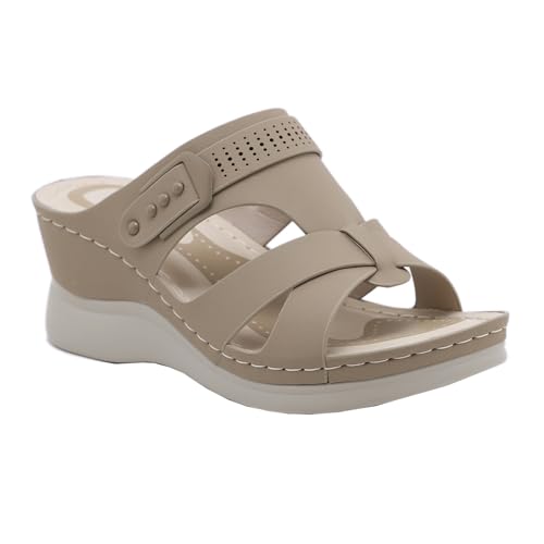 GTTGHJ6DHY Sommer Damen PU-Leder Freizeit Sport Fischmaul Sandalen Anti-Rutsch Verschleißfest Strand Draußen Tragen Sandalen,Beige,39 von GTTGHJ6DHY