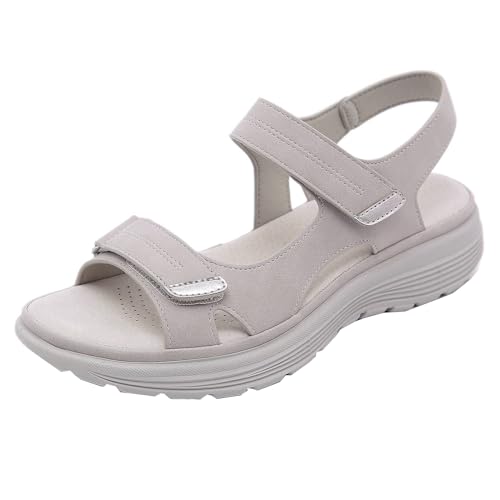 GTTGHJ6DHY Sommer Damen PU-Leder Freizeit Sport Runder Kopf Sandalen Anti-Rutsch Verschleißfest Strand Draußen Tragen Sandalen,Grau,37 von GTTGHJ6DHY