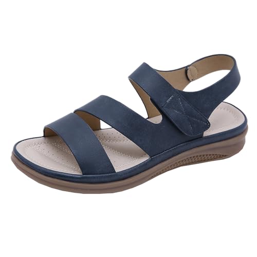 GTTGHJ6DHY Sommer Damen Retro PU-Leder Freizeit Runder Kopf Kreuzen Riemen Sandalen Anti-Rutsch Verschleißfest Strand Draußen Tragen Sandalen,Blau,38 von GTTGHJ6DHY