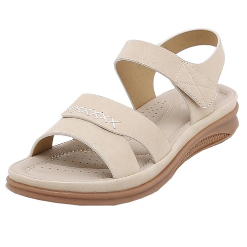 GTTGHJ6DHY Sommer Damen Retro PU-Leder Freizeit Runder Kopf Sandalen Anti-Rutsch Verschleißfest Strand Draußen Tragen Sandalen,Beige,41 von GTTGHJ6DHY