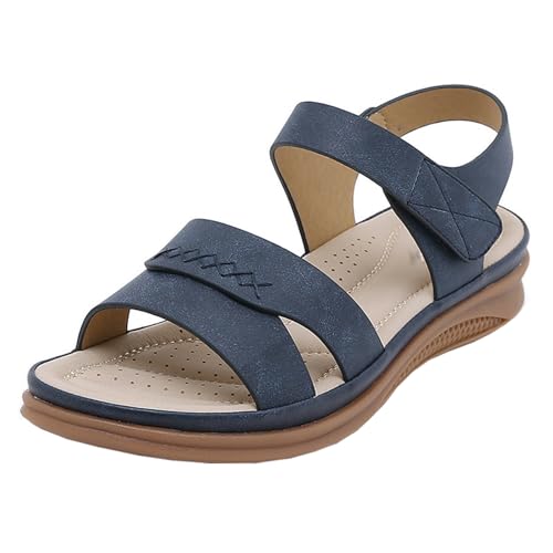 GTTGHJ6DHY Sommer Damen Retro PU-Leder Freizeit Runder Kopf Sandalen Anti-Rutsch Verschleißfest Strand Draußen Tragen Sandalen,Blau,39 von GTTGHJ6DHY