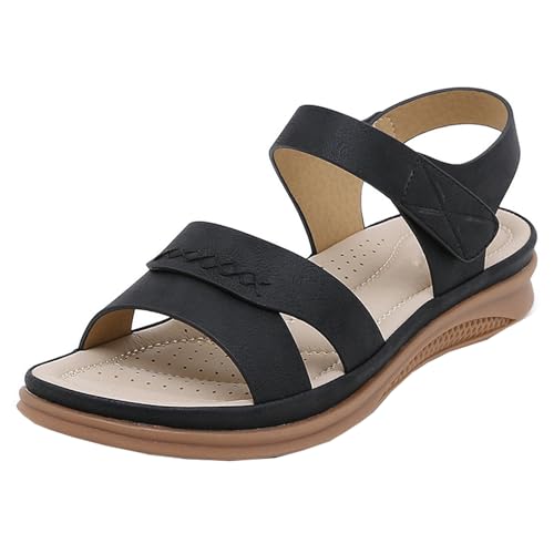 GTTGHJ6DHY Sommer Damen Retro PU-Leder Freizeit Runder Kopf Sandalen Anti-Rutsch Verschleißfest Strand Draußen Tragen Sandalen,Schwarz,38 von GTTGHJ6DHY