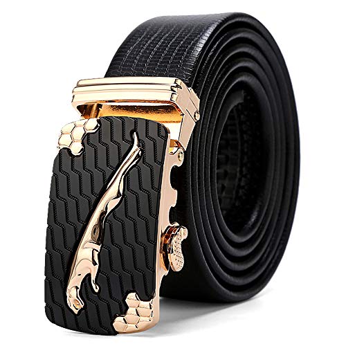 Herren Gürtel Echt leder Jaguar Metallschnalle Ledergürtel Ratsche Automatik Freizeit Belt für Männer Kleidung Business Retro Jeans Bund Verstellbare Grösse von GTUKO-Ledergürtel