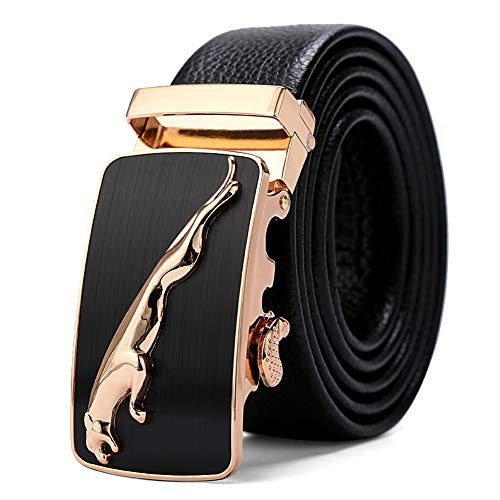 Herren Gürtel Echt leder Jaguar Metallschnalle Ledergürtel Ratsche Automatik Freizeit Belt für Männer Kleidung Business Retro Jeans Bund Verstellbare Grösse von GTUKO-Ledergürtel