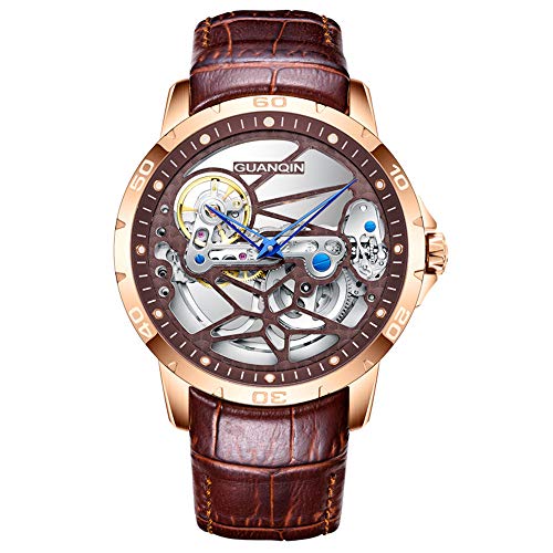 GUANQIN Herren Skelett Analog Automatik Selbstaufzug Mechanische Armbanduhr mit Lederband, Ose Gold Brown, Armband von Guanqin