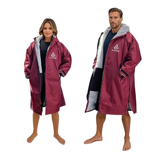 GUARD G.ROBE Maroon Red Wasserdichter Langarm-Wickelmantel 100% recycelte Außenschicht Recyceltes Fleecefutter mit tiefer Kapuze zum Surfen, Schwimmen und Beobachten von Outdoor-Aktivitäten, Rotbraun, von GUARD Protect & Surf