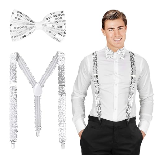 Silvester Kostüm Accessories, Pailletten Hosenträger und Fliege Glitzer Silvester Outfit, Dance Performance Accessories pailletten Set für Karneval Mottoparty Herren Damen Kostüm Zubehör (Silber) von GUBOOM
