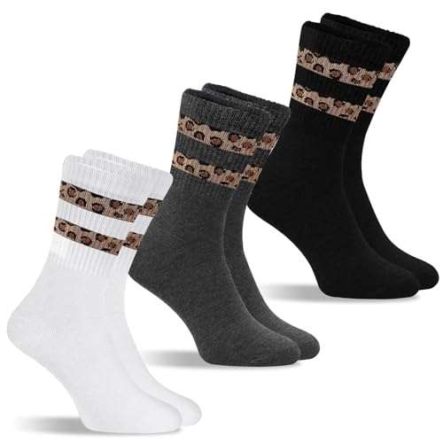 Socken Leopardenmuster Damen（ 35-43), 3 Paar Retro Damen Crew Socken Tennissocken, Tennissocken Sportsocken aus atmungsaktiver Baumwolle Schwarz Weiß Grau von GUBOOM