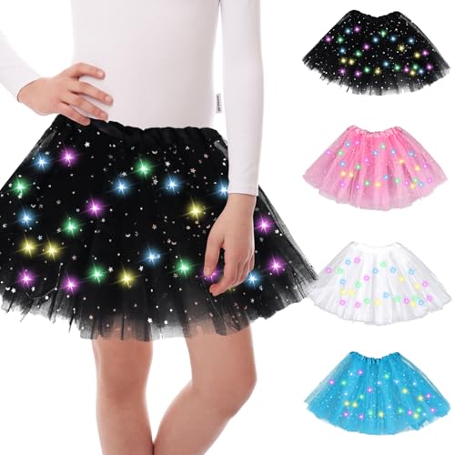 Tüllrock Mädchen LED Tütü, Sterne Pailletten Tanzkleid, Mädchen Tütü Rock Ballettrock 30cm, Minirock mit LED Lichter, Ballett Tanzen Tüllrock für Fasching Halloween Karneval, Ballett Dress (Schwarz) von GUBOOM