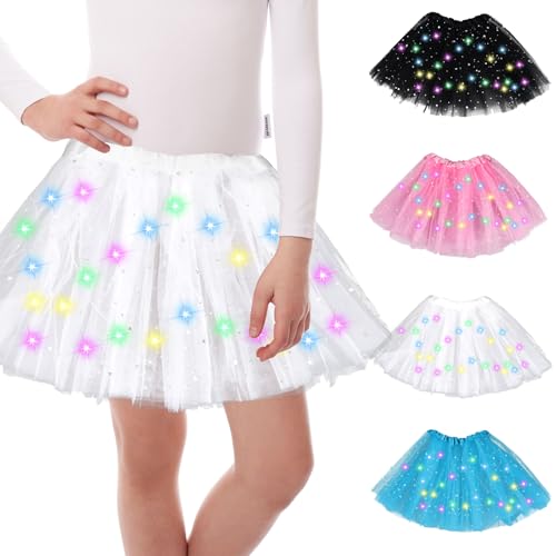 Tüllrock Mädchen LED Tütü, Sterne Pailletten Tanzkleid, Mädchen Tütü Rock Ballettrock 30cm, Minirock mit LED Lichter, Ballett Tanzen Tüllrock für Fasching Halloween Karneval, Ballett Dress (Weiß) von GUBOOM