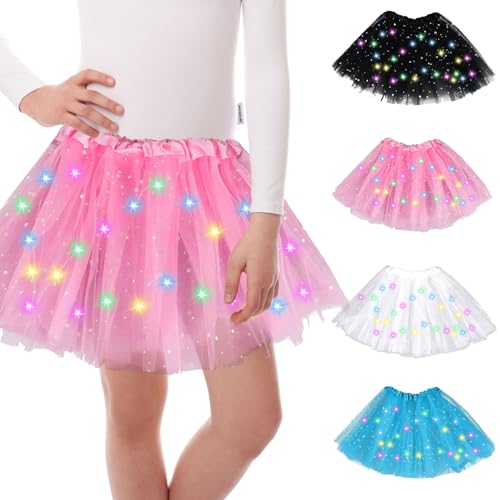 Tüllrock Mädchen LED Tütü, Sterne Pailletten Tanzkleid, Mädchen Tütü Rock Ballettrock 30cm, Minirock mit LED Lichter, Ballett Tanzen Tüllrock für Fasching Halloween Karneval, Ballett Dress (Rosa) von GUBOOM