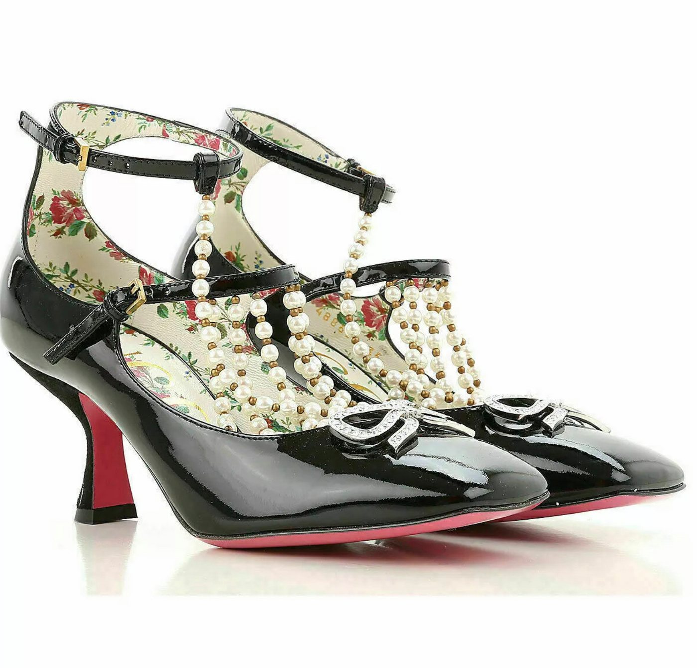 GUCCI Damen Limited Schuhe mit T-Riemen und Perlen Pumps Metall-Schleife mit funkelnden Kristallen von GUCCI