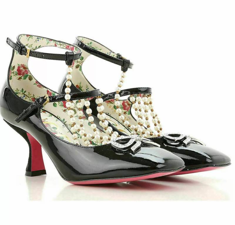 GUCCI Damen Limited Schuhe mit T-Riemen und Perlen Pumps Metall-Schleife mit funkelnden Kristallen von GUCCI