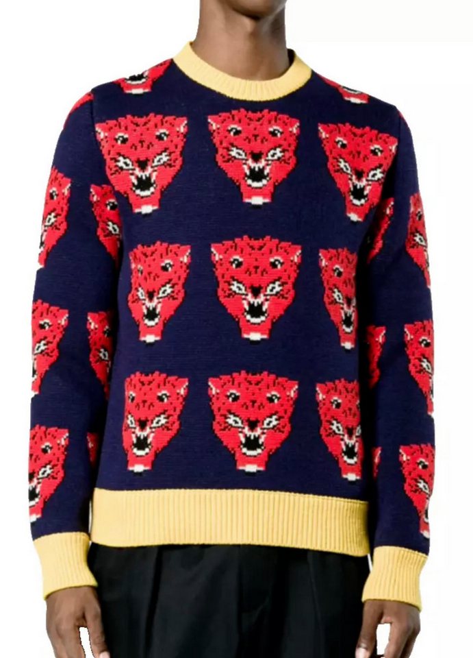 GUCCI Strickpullover Angry Cat Tiger Pullover Allover-Jacquard-Strickmuster mit kontrastierenden Bündchen von GUCCI
