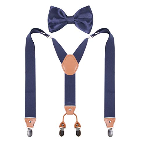 GUCHOL Hosenträger Fliege für Damen und Herren, strapazierfähig, elastisch, breite Hosenträger, starke 4 Metallclips, verstellbar, Marineblau, L von GUCHOL