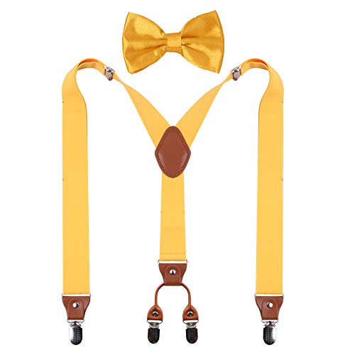 GUCHOL Hosenträger Fliege für Damen und Herren, strapazierfähig, elastisch, breite Hosenträger, starke 4 Metallclips, verstellbar, gelb, Large von GUCHOL