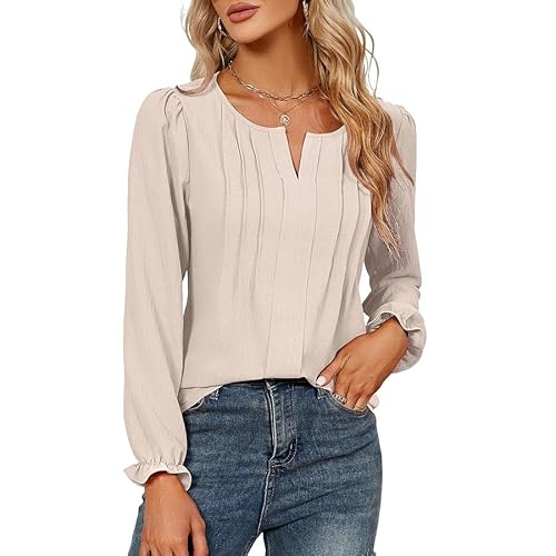 GUCURIN Bluse Damen Elegante Langarm Shirt V-Ausschnitt Plissiert Oberteil Lässig Tuniken Casual Tops Büro, Aprikose, L von GUCURIN