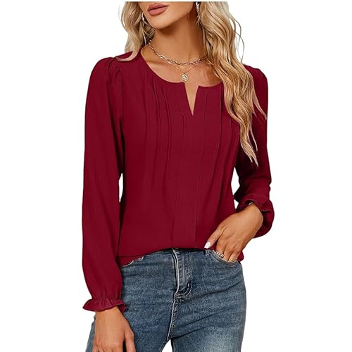 GUCURIN Bluse Damen Elegante Langarm Shirt V-Ausschnitt Plissiert Oberteil Lässig Tuniken Casual Tops Büro, Burgunderrot, S von GUCURIN
