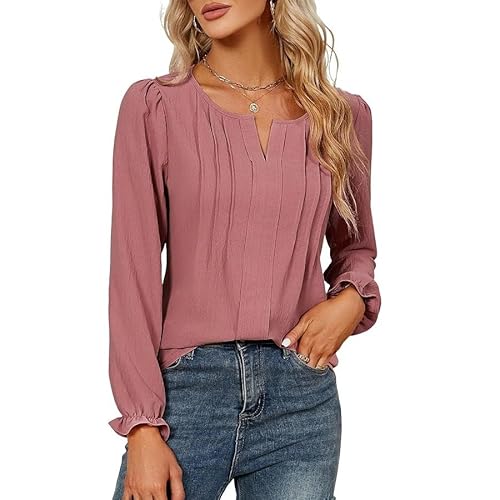 GUCURIN Bluse Damen Elegante Langarm Shirt V-Ausschnitt Plissiert Oberteil Lässig Tuniken Casual Tops Büro, Rosa, XL von GUCURIN