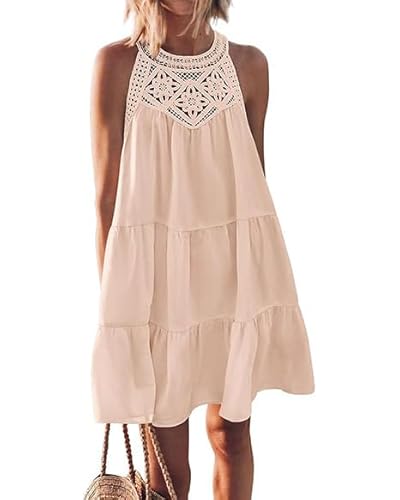 GUCURIN Damen Aushöhlen Neckholder Kleider Sommer Casual Ärmellos A-Linie Gestuftes Swing Sommerkleid Strand Urlaub Minikleid,Aprikose,XXL von GUCURIN