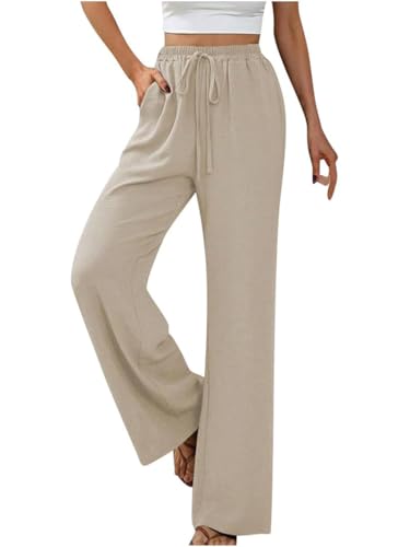 GUCURIN Damen Hose Weitem Bein Leicht Baggy Stoffhose Hanf Bequem Lounge Sweatpants Hohe Taille mit Taschen Kordelzug Jogginghose Einfarbig Basic, Aprikose, L von GUCURIN
