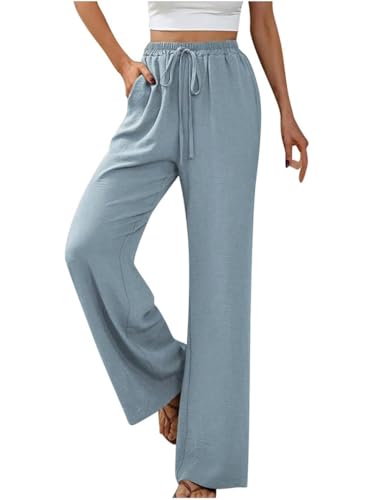 GUCURIN Damen Hose Weitem Bein Leicht Baggy Stoffhose Hanf Bequem Lounge Sweatpants Hohe Taille mit Taschen Kordelzug Jogginghose Einfarbig Basic, Azurblau, S von GUCURIN