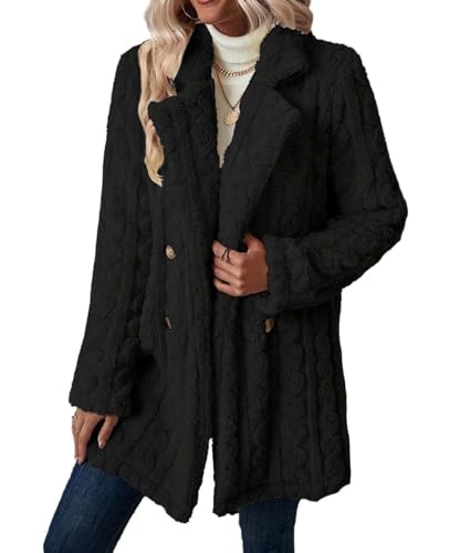 GUCURIN Damen Mantel Lang Plüschjacke Teddy-Fleece Cardigan Coat Revers Faux Parka Wolle Für Outwear Winterjacke Oversize Jacke,Schwarz,L von GUCURIN