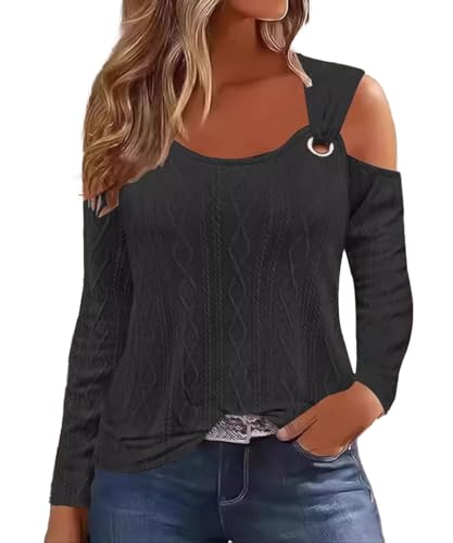 GUCURIN Damen Shirt Langarm Bluse Elegant Schulterfreies Design Oberteile Freizeit Tops Herbst Tunika Hemd, Schwarz, XXL von GUCURIN