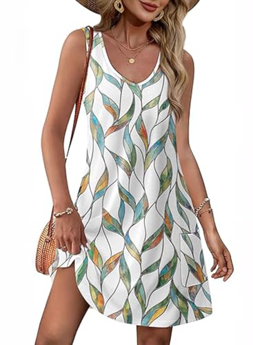GUCURIN Damen Sommerkleider 2025 V-Ausschnitt Ärmellos Strandkleid Kurz Tankini Freizeitkleider Schicke Bequem Kleid mit Taschen, Blätter, S von GUCURIN