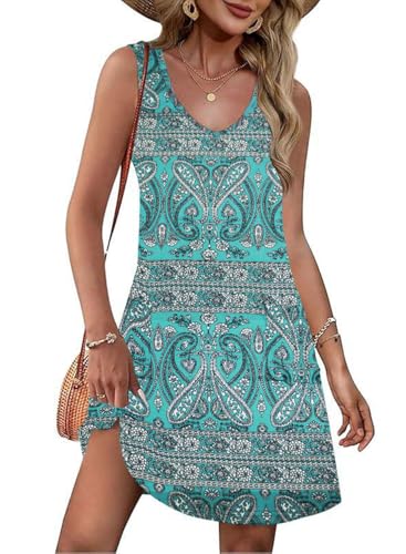 GUCURIN Damen Sommerkleider 2025 V-Ausschnitt Ärmellos Strandkleid Kurz Tankini Freizeitkleider Schicke Bequem Kleid mit Taschen, Blau, S von GUCURIN