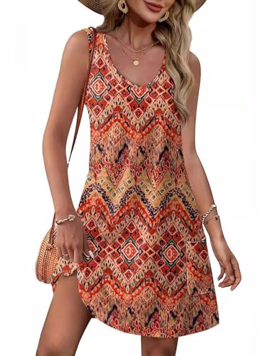 GUCURIN Damen Sommerkleider 2025 V-Ausschnitt Ärmellos Strandkleid Kurz Tankini Freizeitkleider Schicke Bequem Kleid mit Taschen, Orange, S von GUCURIN