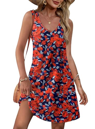 GUCURIN Damen Sommerkleider 2025 V-Ausschnitt Ärmellos Strandkleid Kurz Tankini Freizeitkleider Schicke Bequem Kleid mit Taschen, Rot-Blau, XXL von GUCURIN