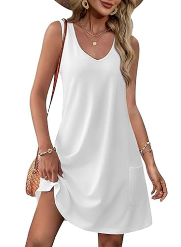 GUCURIN Damen Sommerkleider 2025 V-Ausschnitt Ärmellos Strandkleid Kurz Tankini Freizeitkleider Schicke Bequem Kleid mit Taschen, Weiß, XXL von GUCURIN