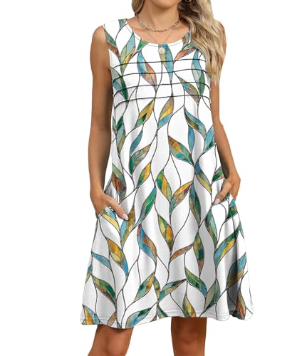 GUCURIN Sommerkleid mit Taschen Rundhals Ärmellos Bedruckt/Einfarbig Tank Freizeitkleid Strandkleid Kurz Damen Kleid, Blätter, L von GUCURIN