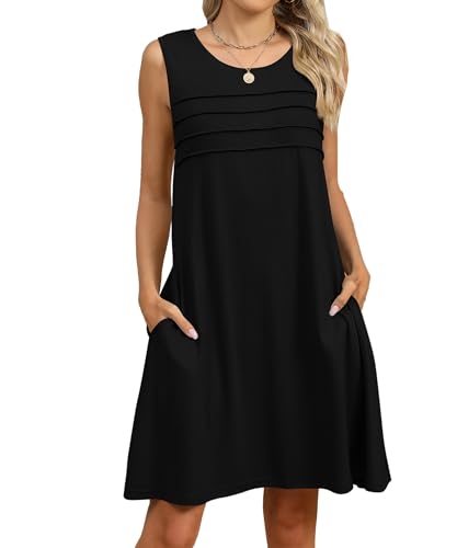 GUCURIN Sommerkleid mit Taschen Rundhals Ärmellos Bedruckt/Einfarbig Tank Freizeitkleid Strandkleid Kurz Damen Kleid, Schwarz, S von GUCURIN