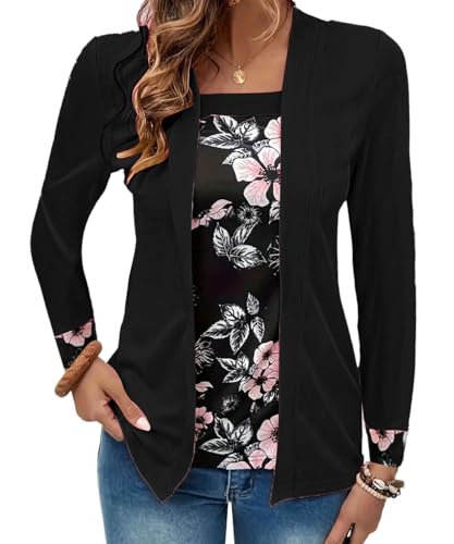 GUCURIN Falsch Zweiteiliges Damen Strickjacke mit Prints Elegant Cardigan Leicht Blazerjacke Herbst Kurze Jacke Casual Langarmshirt Schwarz Business Anzug, Schwarz, L von GUCURIN