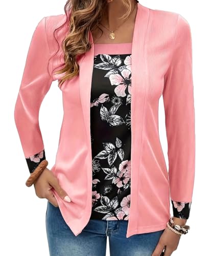 GUCURIN Falsch Zweiteiliges Damen Strickjacke mit Prints Elegant Cardigan Leicht Blazerjacke Herbst Kurze Jacke Casual Langarmshirt Schwarz Business Anzug, Rosa, XL von GUCURIN