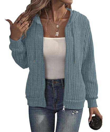 GUCURIN Hoodie Jacke Damen Kapuzenpullover Sweatjacke mit Reißverschluss Dünne Fleece Mantel Herbst Winter Sweatshirt,Blau,XL von GUCURIN