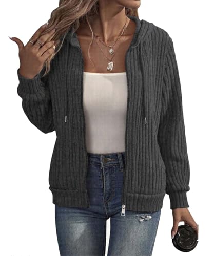 GUCURIN Hoodie Jacke Damen Kapuzenpullover Sweatjacke mit Reißverschluss Dünne Fleece Mantel Herbst Winter Sweatshirt,Grau,XL von GUCURIN