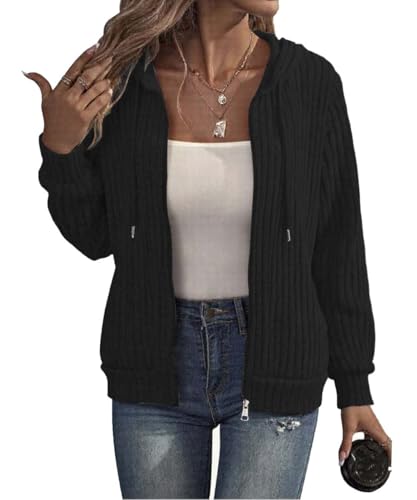 GUCURIN Hoodie Jacke Damen Kapuzenpullover Sweatjacke mit Reißverschluss Dünne Fleece Mantel Herbst Winter Sweatshirt,Schwarz,L von GUCURIN