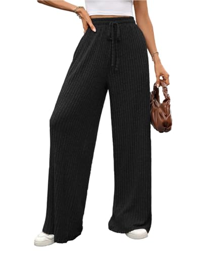 GUCURIN Hose Damen Herbst-Winter Weites Bein Plüsch Freizeithose Hight Waist Elastischem Jogginghose Damen Sweatpants Yogahose,Schwarz,M von GUCURIN