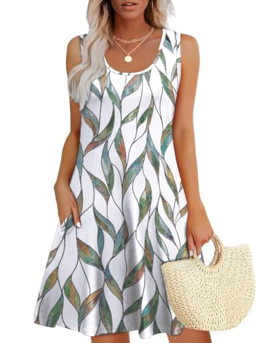 GUCURIN Kleid Damen 2025 Sommer Ärmellos Strandkleid U-Ausschnitt Kurz Tankini Freizeitkleid Schicke Bequem Kleid mit Taschen, Blätter, M von GUCURIN