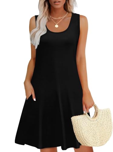 GUCURIN Kleid Damen 2025 Sommer Ärmellos Strandkleid U-Ausschnitt Kurz Tankini Freizeitkleid Schicke Bequem Kleid mit Taschen, Schwarz, M von GUCURIN