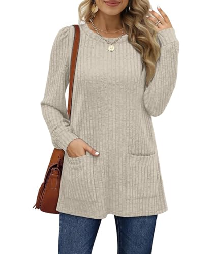 GUCURIN Pullover Damen Herbst Winter Elegant Lang Shirt Langarm Rundhals Strickpullover mit Taschen Sweatshirt Lose Oberteil, Aprikose, S von GUCURIN